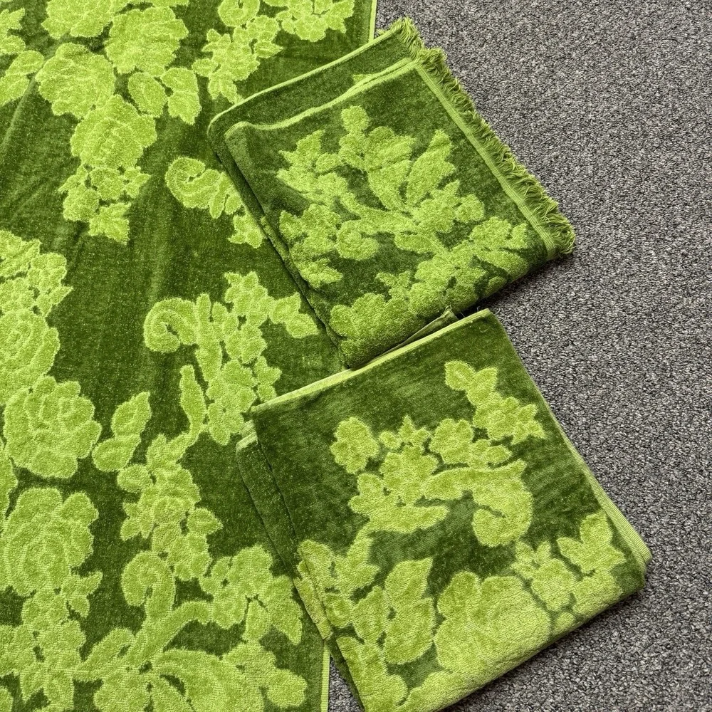 3 Vintage Bath Towel Two Tone Green Floral Cannon Monticello Cotton Fringe 70s